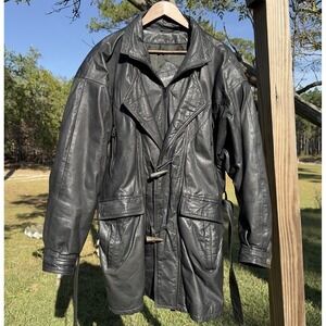 Vintage Stratojac Leather Jacket Coat Mens Medium Black Full Zip Button Up Retro